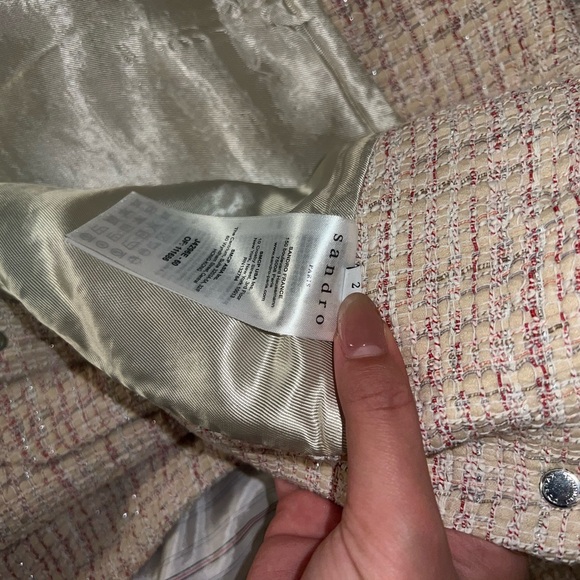 Sandro Adelaide Stripe-Trimmed Tweed Jacket Blazer Skirt Set in Blush 36, 2 - Picture 8 of 10